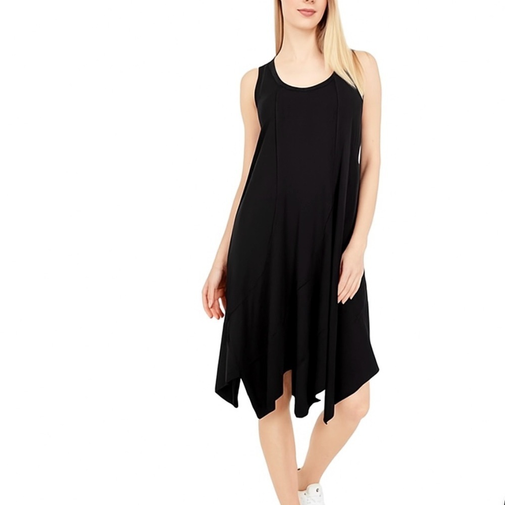 Dress Mododoc Black Sleeveless Midi S Asymmetrical Hem Swirl Detail